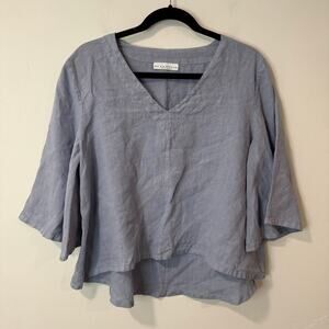 Bryn Walker Women's Lily Shirt Top Oversized Lagenlook Blue Linen XXS